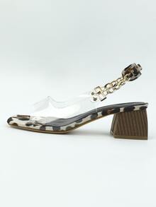 时尚豹纹粗链高跟凉鞋，夏季 - 無色 - 查看 3
