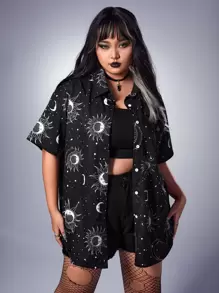 ROMWE Goth Camisa con estampado de sol y luna de hombros caídos - Negro - Ver 1