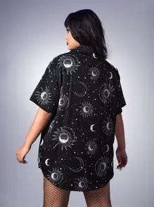 ROMWE Goth Camisa con estampado de sol y luna de hombros caídos - Negro - Ver 2
