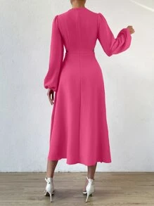 Chiquease 深V領腰部鏤空燈籠袖連衣裙 - 玫紅色 - 查看 2