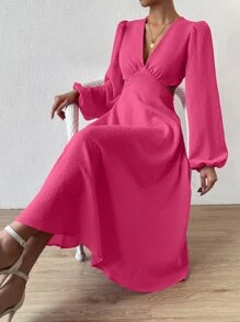 Chiquease 深V領腰部鏤空燈籠袖連衣裙 - 玫紅色 - 查看 3