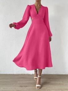 Chiquease 深V領腰部鏤空燈籠袖連衣裙 - 玫紅色 - 查看 4