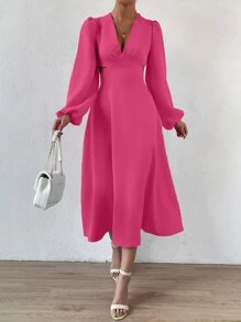 Chiquease 深V領腰部鏤空燈籠袖連衣裙 - 玫紅色 - 查看 5