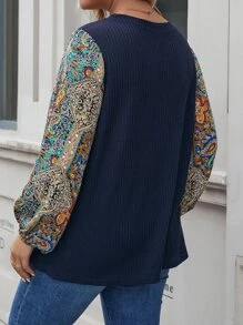 SHEIN LUNE Plus Paisley Print Lantern Sleeve Textured Tee - Navy Blue - View 2