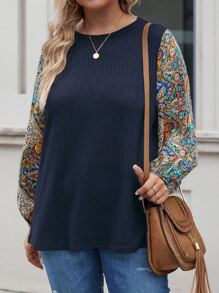 SHEIN LUNE Plus Paisley Print Lantern Sleeve Textured Tee - Navy Blue - View 5