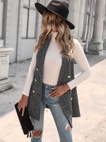 SHEIN Clasi Chaleco de tweed de doble botonadura - Blanco y Negro - Ver 3