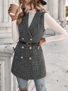 SHEIN Clasi Chaleco de tweed de doble botonadura - Blanco y Negro - Ver 6