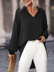 SHEIN LUNE Swiss Dot Raglan Sleeve High Low Hem Blouse - Black - View 1