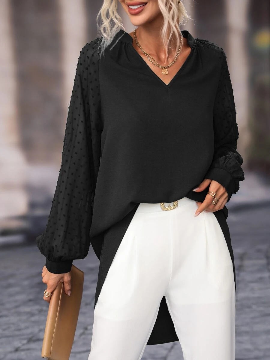 SHEIN LUNE Swiss Dot Raglan Sleeve High Low Hem Blouse - Black - View 1