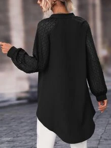 SHEIN LUNE Swiss Dot Raglan Sleeve High Low Hem Blouse - Black - View 2