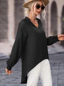 SHEIN LUNE Swiss Dot Raglan Sleeve High Low Hem Blouse - Black - View 3