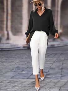 SHEIN LUNE Swiss Dot Raglan Sleeve High Low Hem Blouse - Black - View 5