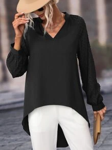 SHEIN LUNE Swiss Dot Raglan Sleeve High Low Hem Blouse - Black - View 6