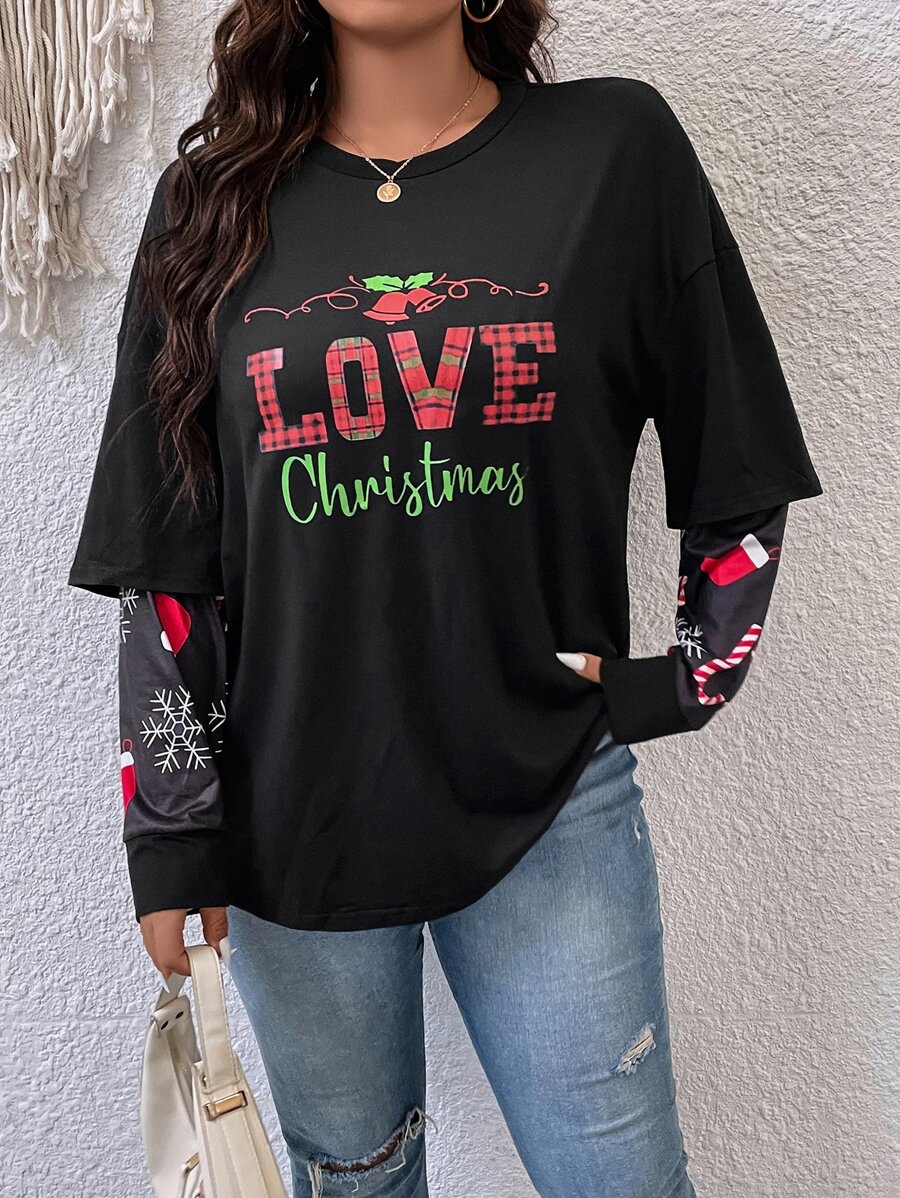 Calvaya Camiseta 2 en 1 con estampado de Navidad de hombros caídos - Negro - Ver 1