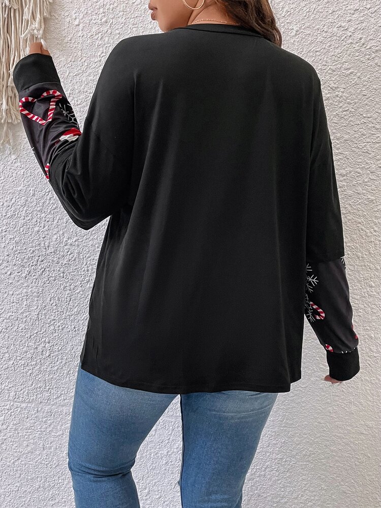 Plus Christmas Print Drop Shoulder 2 In 1 Tee Fall Cloth For Women