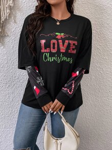 Calvaya Camiseta 2 en 1 con estampado de Navidad de hombros caídos - Negro - Ver 3