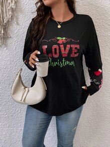 Calvaya Camiseta 2 en 1 con estampado de Navidad de hombros caídos - Negro - Ver 4