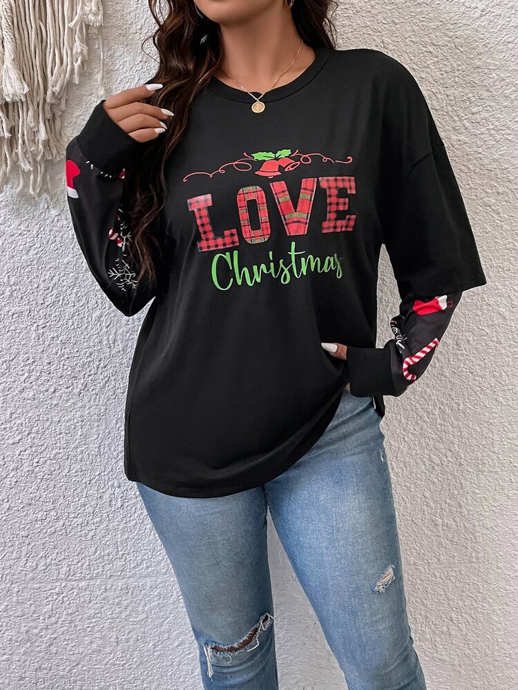 Plus Christmas Print Drop Shoulder 2 In 1 Tee Fall Cloth For Women