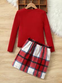 SHEIN Tween女孩荷葉邊t恤&格紋印花裙 - 紅色 - 查看 2