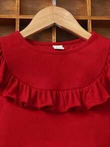 SHEIN Tween女孩荷葉邊t恤&格紋印花裙 - 紅色 - 查看 4