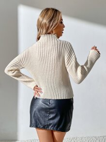 SHEIN Clasi Mock Neck Ribbed Knit Drop Shoulder Jumper - Beige - View 2