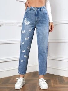 SHEIN EZwear Butterfly Print Straight Leg Jeans - Light Wash - View 1