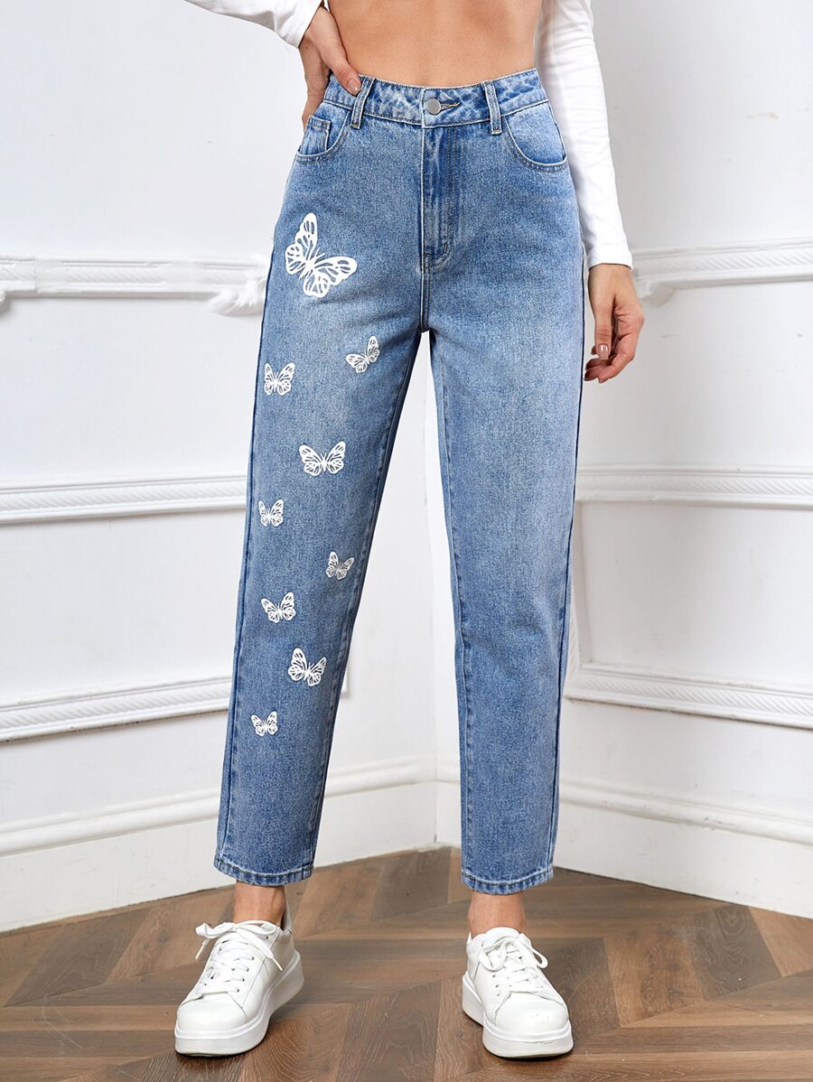 SHEIN EZwear Butterfly Print Straight Leg Jeans - Light Wash - View 1