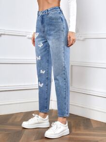 SHEIN EZwear Butterfly Print Straight Leg Jeans - Light Wash - View 4