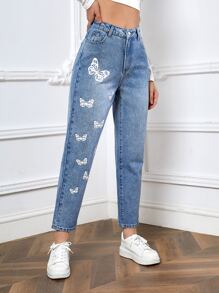 SHEIN EZwear Butterfly Print Straight Leg Jeans - Light Wash - View 5