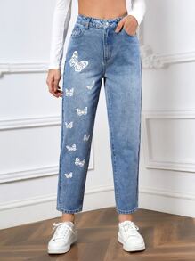 SHEIN EZwear Butterfly Print Straight Leg Jeans - Light Wash - View 6