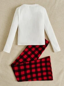 SHEIN 女孩人像圖案T恤和大格紋長褲 - 彩色 - 查看 2