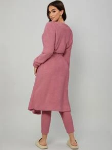 素色背心上衣和褲子&附腰帶睡袍休閒服套裝 - 玫紅色 - 查看 2