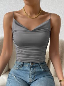 SHEIN BAE Áo hai dây Vắt màu trơn Giải trí - Xám - Xem 4