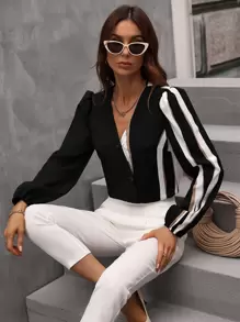 SHEIN Clasi 撞色前紐扣襯衫 - 黑色 - 查看 5