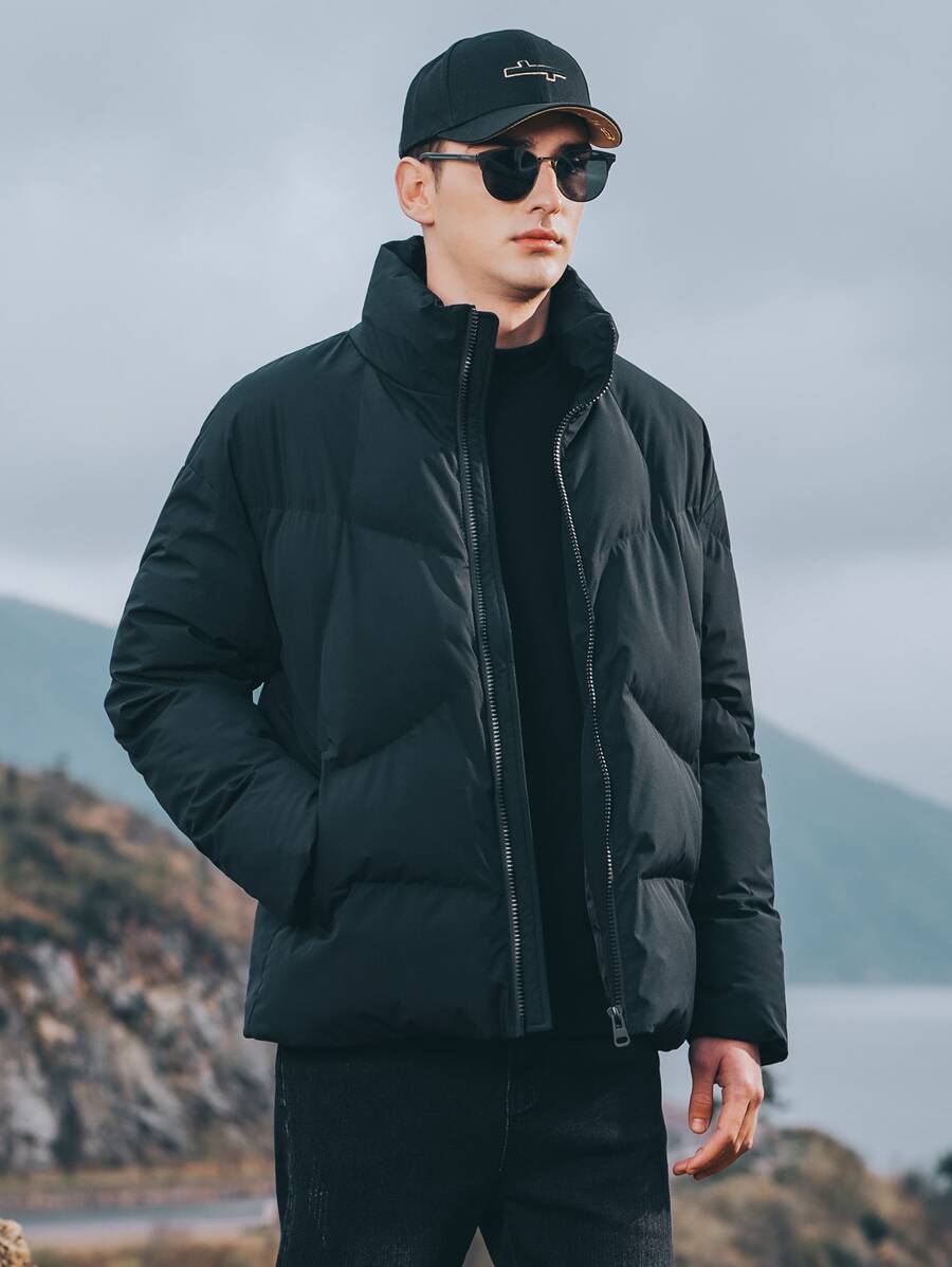 Men Slant Pocket Zip Up Padded Coat - Black - View 1