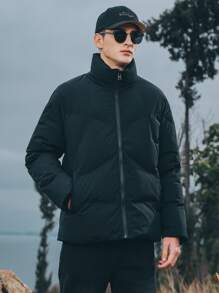 Men Slant Pocket Zip Up Padded Coat - Black - View 3