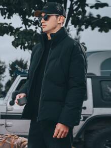 Men Slant Pocket Zip Up Padded Coat - Black - View 4