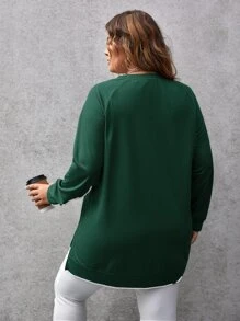 SHEIN Essnce Plus Solid Split Hem Raglan Sleeve Sweatshirt - Dark Green - View 2