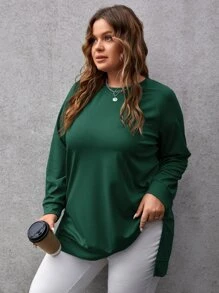 SHEIN Essnce Plus Solid Split Hem Raglan Sleeve Sweatshirt - Dark Green - View 3
