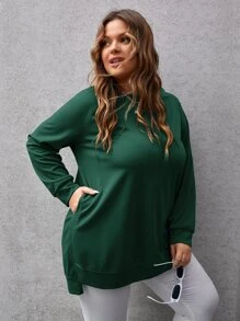 SHEIN Essnce Plus Solid Split Hem Raglan Sleeve Sweatshirt - Dark Green - View 4