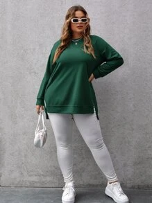 SHEIN Essnce Plus Solid Split Hem Raglan Sleeve Sweatshirt - Dark Green - View 5