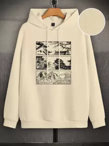 GENTILAND 男士山和樹圖案抽繩保暖連帽衫 - 米色 - 查看 1