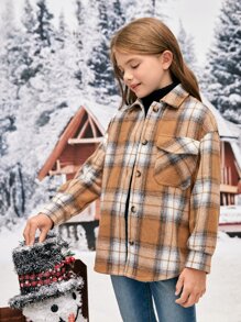 SHEIN Girls Plaid Print Drop Shoulder Overcoat