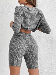 SHEIN Essnce 落肩袖條紋針織T恤和機車短褲 - 深灰色 - 查看 1