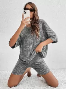 SHEIN Essnce 落肩袖條紋針織T恤和機車短褲 - 深灰色 - 查看 3