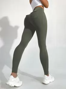 Yoga Futuristic Tummy Control Sports Leggings With Phone Pocket - Army Green - View 1