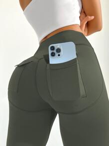 Yoga Futuristic Tummy Control Sports Leggings With Phone Pocket - Army Green - View 3