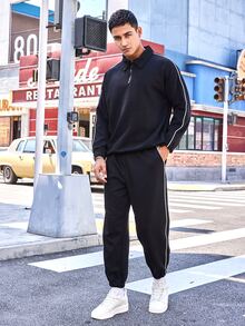 Men Contrast Piping Quarter Zip Sweatshirt & Joggers - Black - View 1