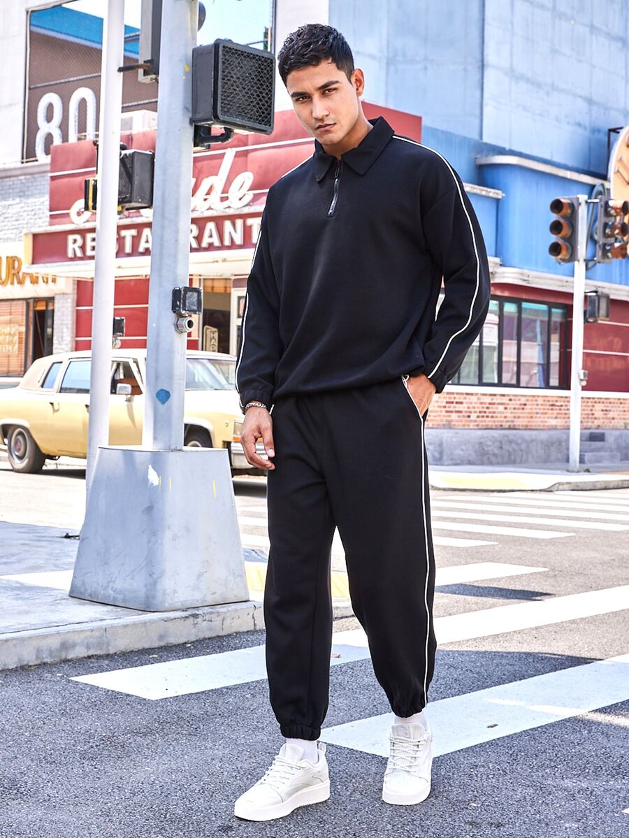 Men Contrast Piping Quarter Zip Sweatshirt & Joggers - Black - View 1