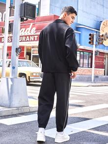 Men Contrast Piping Quarter Zip Sweatshirt & Joggers - Black - View 2